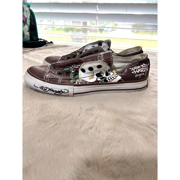 Ed Hardy Womens Brown Skull & Rose Slip-On Sneakers Size 7 Rocker Chic - Picture 1 of 11